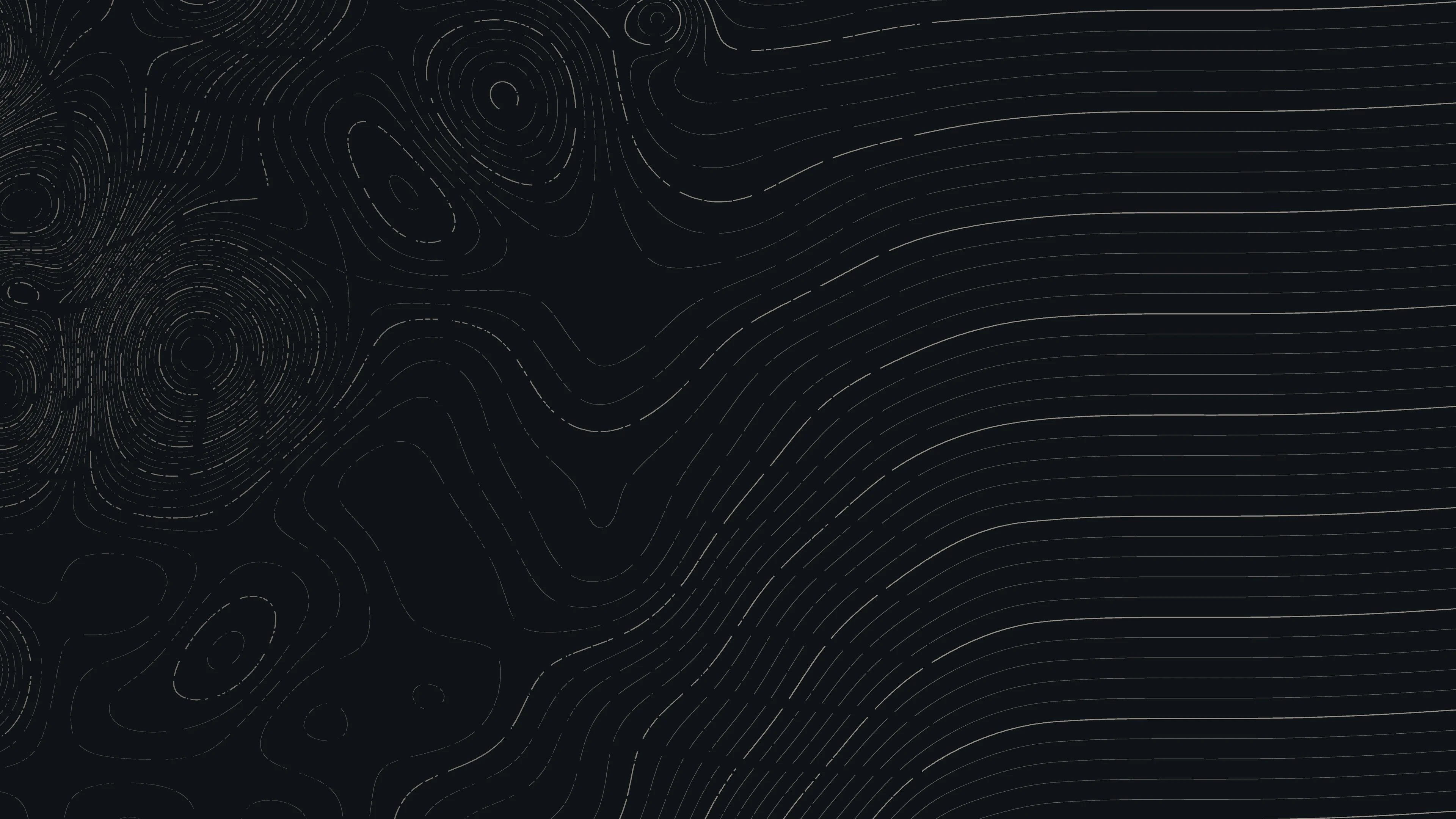 A night-time contour map where tangled, broken lines on the left settle into smooth parallel bands on the right, with a single route running through.